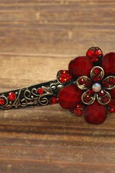Red Ruby Stones and Rhinestone Blooming Claw Clips