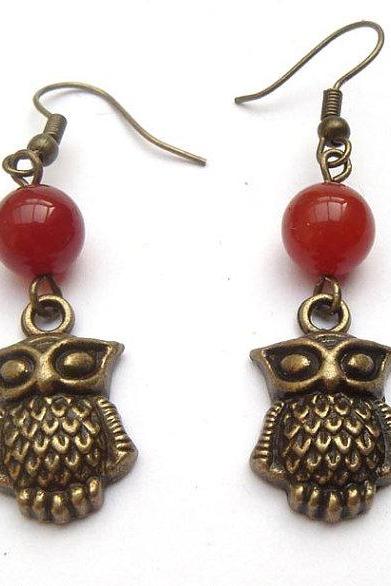 Antiqued Brass Owl Red Agate Earrings