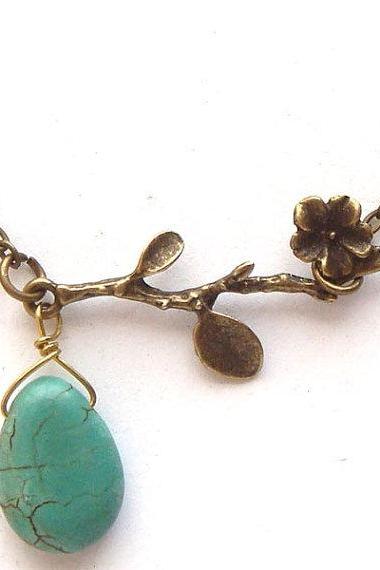 Antiqued Brass Branch Turquoise Necklace