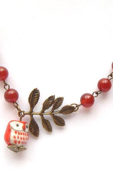 Antiqued Brass Leaf Red Jade Porcelain Owl Necklace