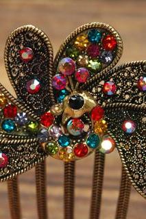 Gold Plated Colorful Rhinestone Peacock Hair Comb