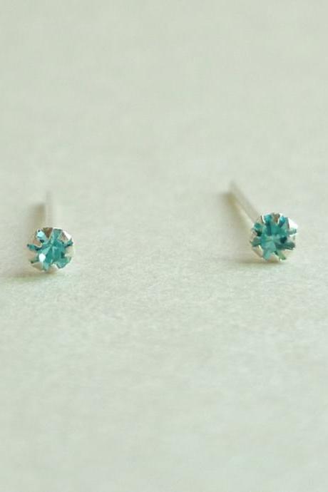 SALE - 2 mm Very Tiny Aquamarine Blue CZ Cartilage Ear Studs- 925 Sterling Silver Earrings - Cartilage Earring - gift under 10