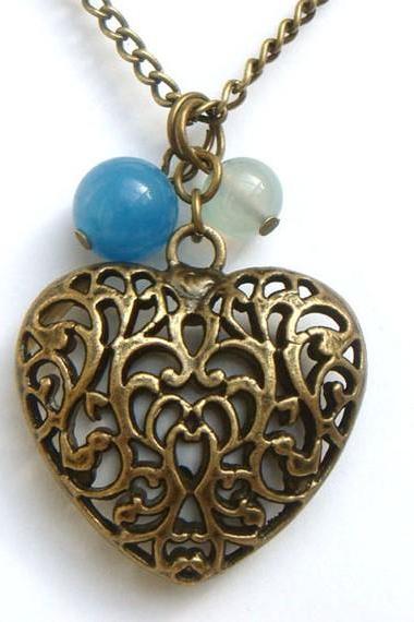 Antiqued Brass Heart Agate Jade Necklace