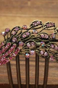 Gold Plated Pink Rhinestone Peacock Hair Comb