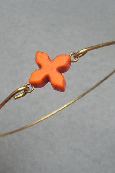 Tiny Orange Turquoise Cross Brass Bangle Bracelet