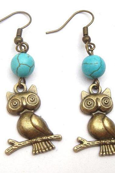 Antiqued Brass Owl Green Turquoise Earrings