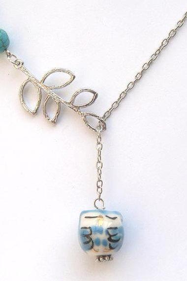 Silver Plated Brass Leaf Turquoise Porcelain Owl Necklace