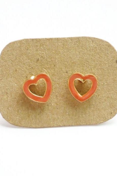 SALE - Salmon Orange Hear Stud Earrings - Gift under 10