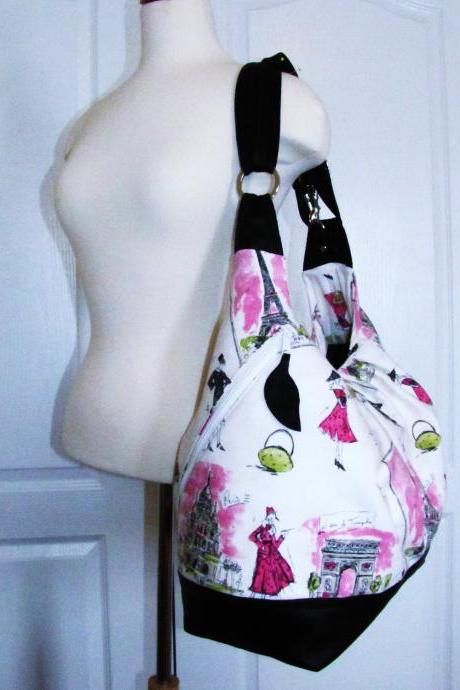 Extra large pink cotton convertible backpack with leather straps, base, zipper top closure - Pink Paris