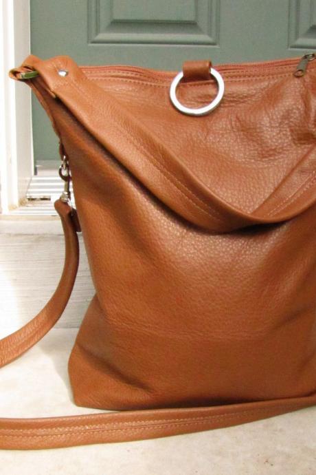 3 way leather tote bag in tan 