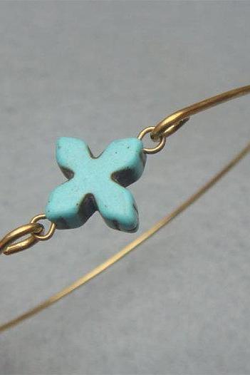 Tiny Turquoise Cross Brass Bangle Bracelet