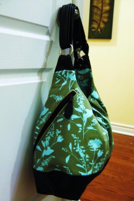 XL convertible cross body bag with leather straps, zipper top closure, and bottom - Sage green wildflower