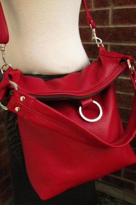 Red leather bag , fold over bag , leather tote , large slouchy 3 way purse - Watermelon