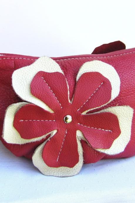 Red Leather clutch with flower appliques - Watermelon
