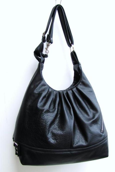 Black leather bag, large 3 way bag, convertible purse, women packpack - Black Diamond