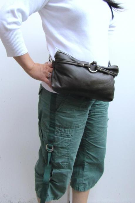 Fanny Pack Leather - Olive green hand-free waist pouch