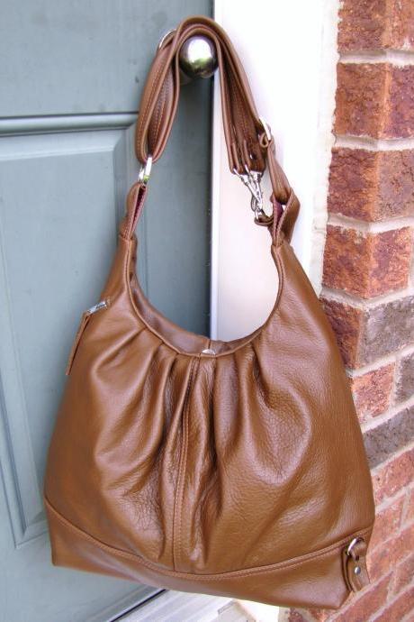 Large tan leather convertible backpack messenger tote bag - Oak Tan