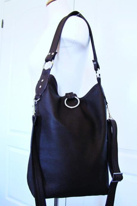 Brown leather slim purse, fold over tote bag, Large size, 3 way slouchy bag - Chocolate