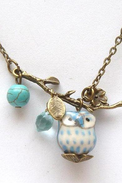 Antiqued Brass Leaf Turquoise Quartz Porcelain Owl Necklace