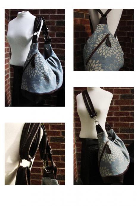 Extra large canvas tote with leather, convertible bag - Blue blossom