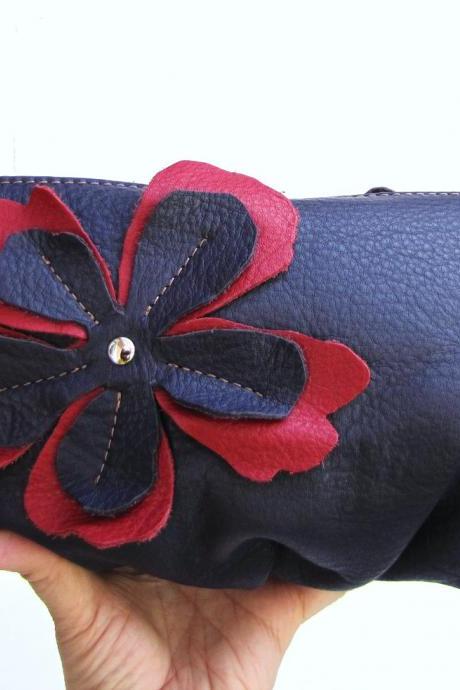 Purple Leather clutch, red/purple flower applique on both sides