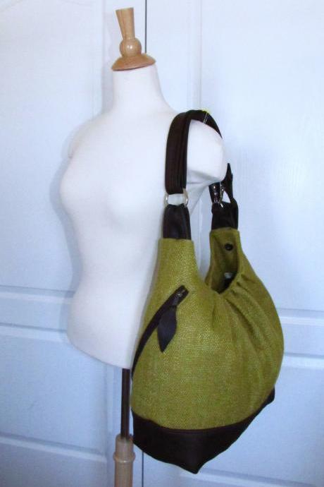 READY TO SHIP Large canvas bag with leather straps, base, & zipper top closure - Olive green convertible backpack, laptop diaper bag