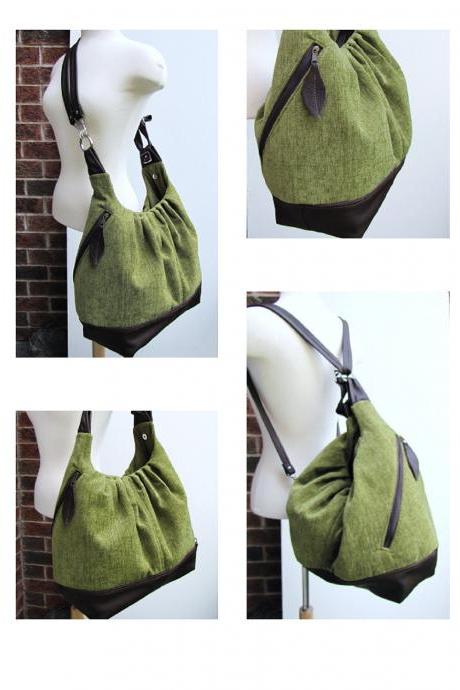 READY TO SHIP Green canvas leather bag, extra large 17 inches laptop diaper bag, convertible 3 way pursev - Kiwi green