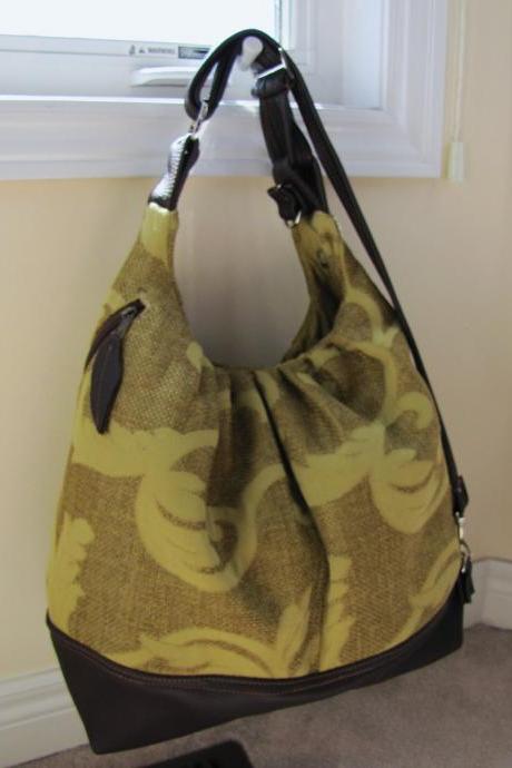 Olive green extra large convertible backpack w leather straps, bottom, & zipper top closure, shoulder bag, messenger - Gold green vines
