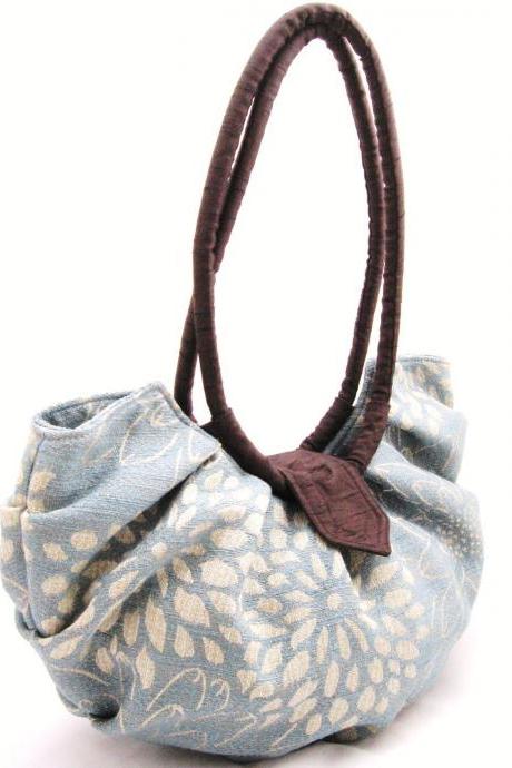 Large blue floral canvas purse, pleated hobo bag - blue blossom