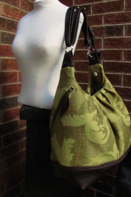 Extra large diaper bag in canvas and leather straps, base, convertible backpack purse - Olive gold vines