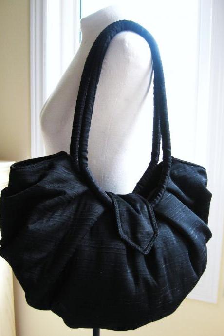 Large black cotton bag, hobo bag, classic black pleated style purse
