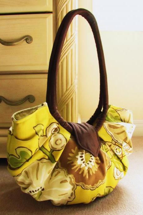 Large yellow floral canvas purse - Chartreuse
