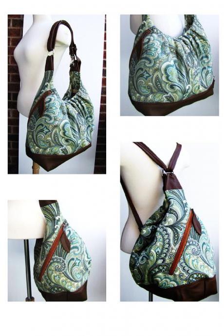 Green paisley canvas bag, extra large 3 ways convertible tote w/ leather straps, base, zipper top closure - Paisley