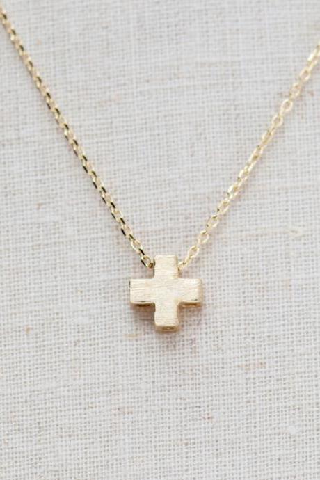 Textured tiny Cross Pendant necklace matte gold