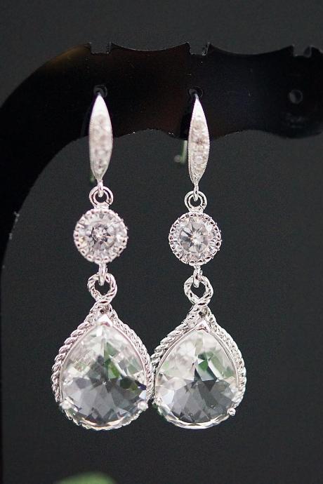 Wedding Jewelry Bridal Earrings Bridesmaid Earrings Cubic Zirconia Ear wires with Clear Glass Rhodium Trimmed Pear Cut Earrings