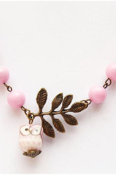 Antiqued Brass Leaf Pink Jade Porcelain Owl Necklace