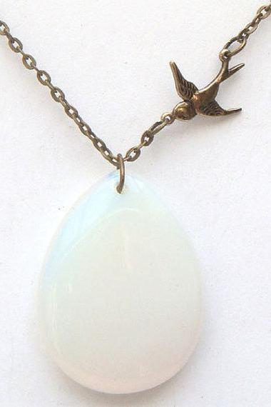 Antiqued Brass Bird Opalite Necklace