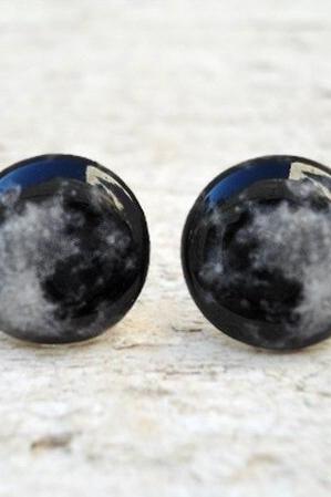 Full Moon Earrings, Glass Photo Small Ear Studs (E8)