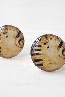 Treble clef earrings in beige black, vintage piano music jewelry, small ear studs posts