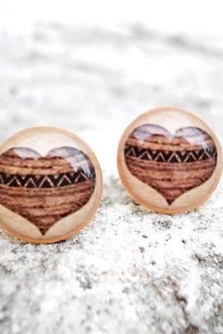 Vintage Retro heart earrings studs posts in Beige Brown, Anatomical Jewelry