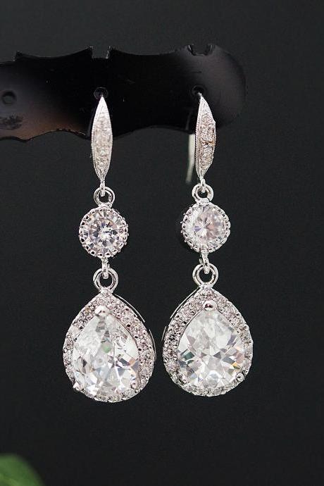 Wedding Bridal Jewelry Bridal Earrings Bridesmaid Earrings Dangle Earrings Clear White Cubic Zirconia Crystal Tear Drops Earrings