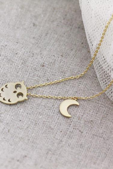 Tiny owl with crescent moon necklace 
