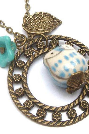Antiqued Brass Leaf Czech Glass Porcelain Owl Necklace