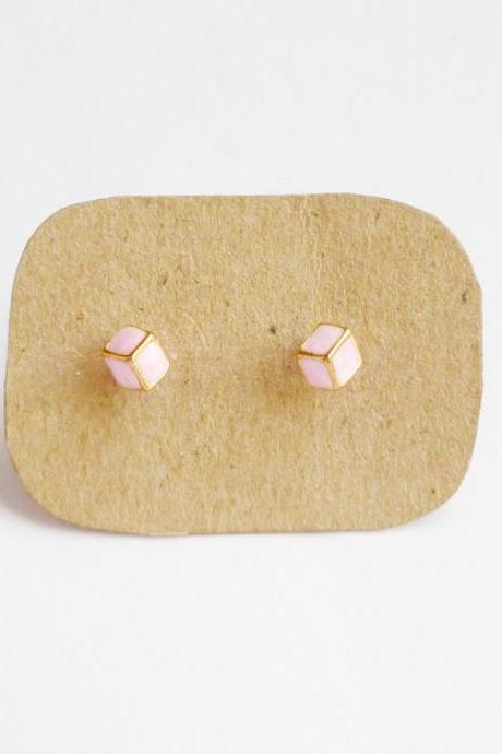 SALE - Lil Pink Cubic Cube Ear Stud Earrings - Gift under 10