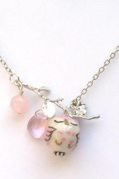 Silver Leaf Pink Jade Quartz Porcelain Owl Necklace