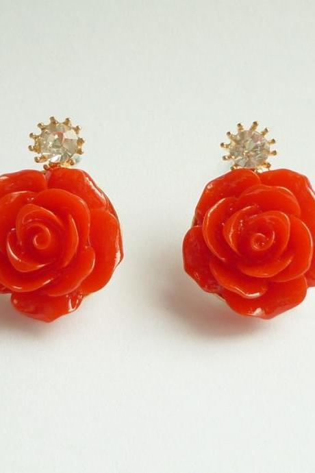 SALE Large Red Rose Earrings - Gift under 10