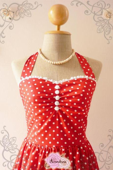 Red Polka Dot Party Dress Vintage Inspired Party Tea Dress Bridesmaid Holiday Polka Dot Unique Handmade Dress -Size XS, S, M, L, XL