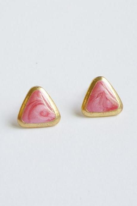 SALE - Pearl Red Triangle Stud Earrings - Gift under 10