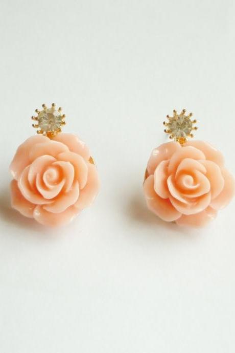 SALE - Large Peach Rose Earrings - Gift under 15