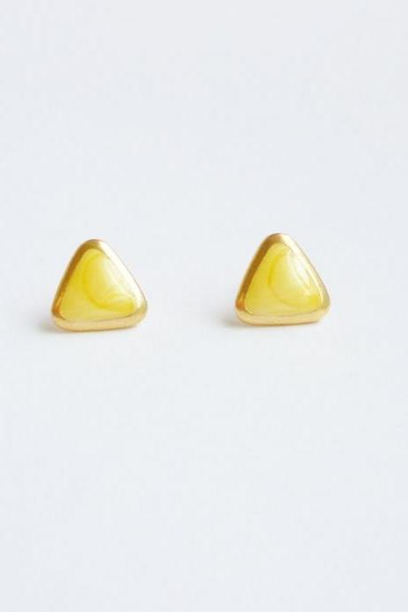 SALE - Pearl Yellow Triangle Stud Earrings - Gift under 10